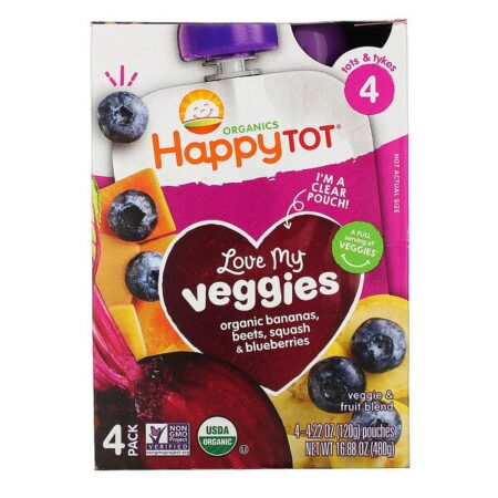 Happy Family Organics, Happy Tot, Stage 4, Love My Veggies, Organic Bananas, Beet, Squash & Blueberries, 4 Pouches, 4.22 oz (120 g) Each