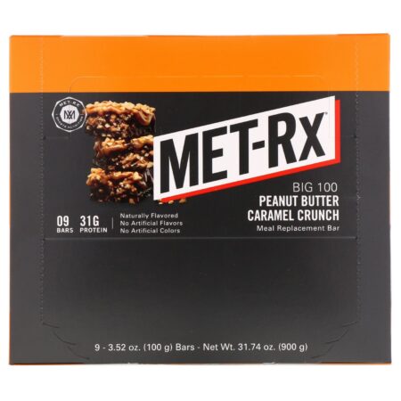 MET-Rx, Big 100, Meal Replacement Bar, Peanut Butter Caramel Crunch, 9 Bars, 3.52 oz (100 g) Each - Image 2