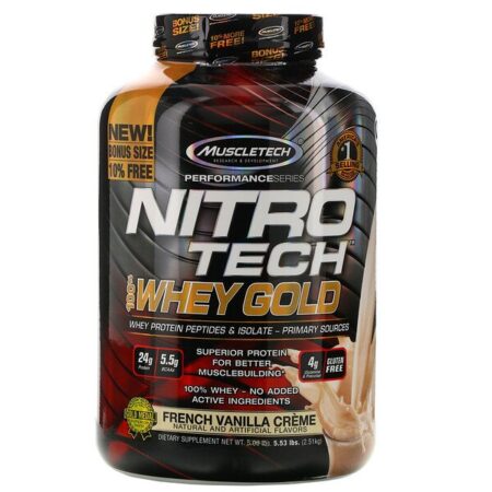 Muscletech, Nitro Tech, 100% Whey Gold, Creme de Baunilha Francês, 5,53 lbs. (2,51 kg)