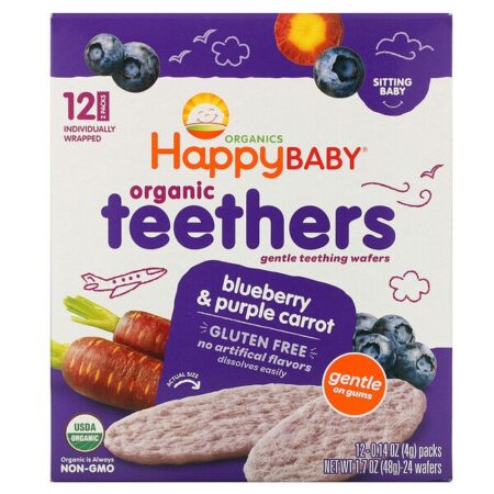 Happy Family Organics, Mordedores Orgânicos, Wafers Delicados para a Dentição, Bebê que já Senta, Mirtilo e Cenoura Roxa, 12 Pacotes, 4 g (0,14 oz) Cada