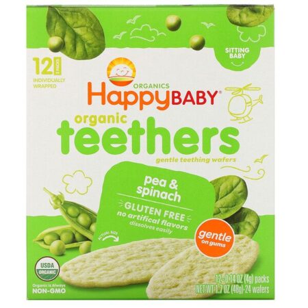 Happy Family Organics, Mordedores orgânicos, Wafers Delicados para a Dentição, Bebê que já Senta, Ervilha e Espinafre, 12 Pacotes, 4 g (0,14 oz) Cada