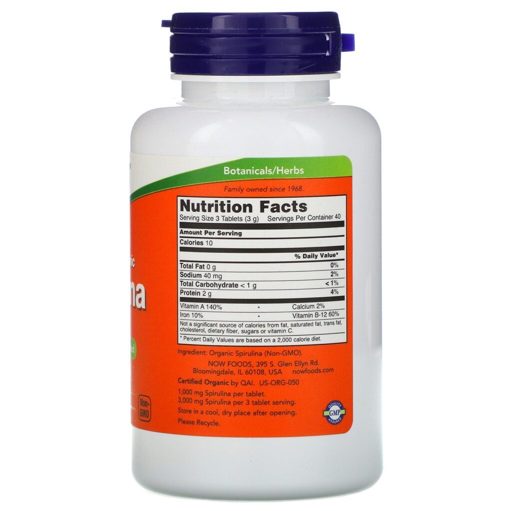 Now Foods, Com Certificação Orgânica, Espirulina, 1000 mg, 120 Comprimidos - Imagem 2