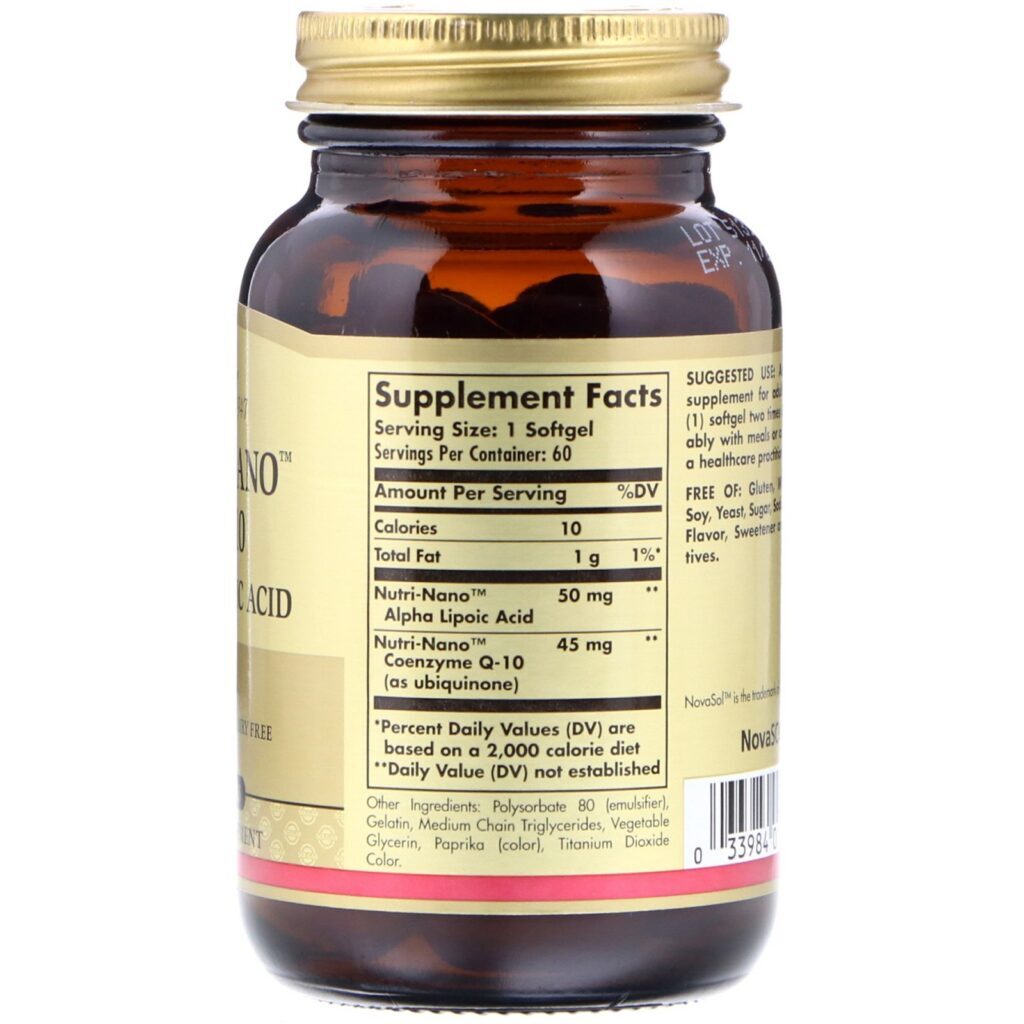 Solgar, Nutri-Nano CoQ-10, Alpha Lipoic Acid, 60 Softgels - Imagem 2