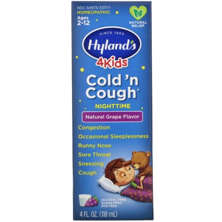 Hyland's, 4 Kids, Cold 'n Cough Nighttime, Ages 2-12, Natural Grape Flavor, 4 fl oz (118 ml) - Image 2