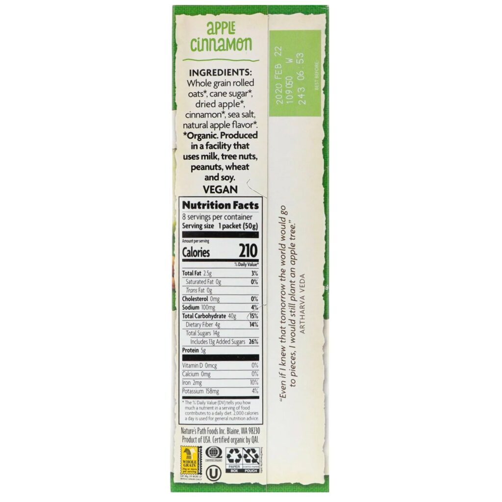 Nature's Path, Organic Instant Oatmeal, Apple Cinnamon, 8 Packets, 14 oz (400 g) - Imagem 2