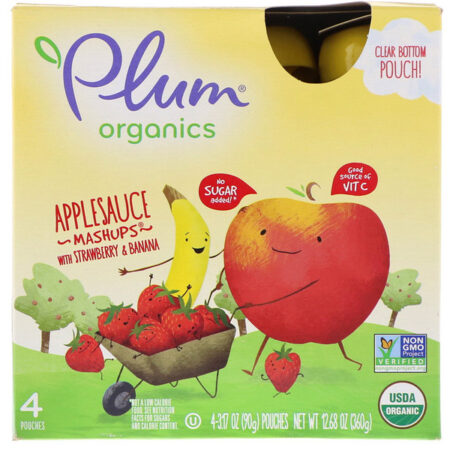 Plum Organics, Mixes de Purê de Maçã Orgânica com Morango e Banana, 4 Sachês, 90 g Cada