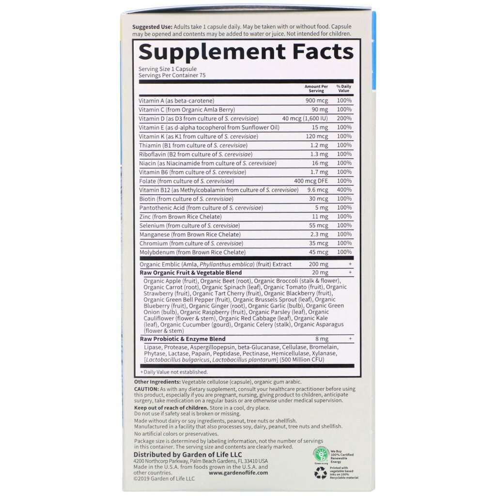Garden of Life, Vitamin Code, RAW One, multivitamínico de administração única diária para homens, 75 cápsulas vegetarianas - Imagem 3