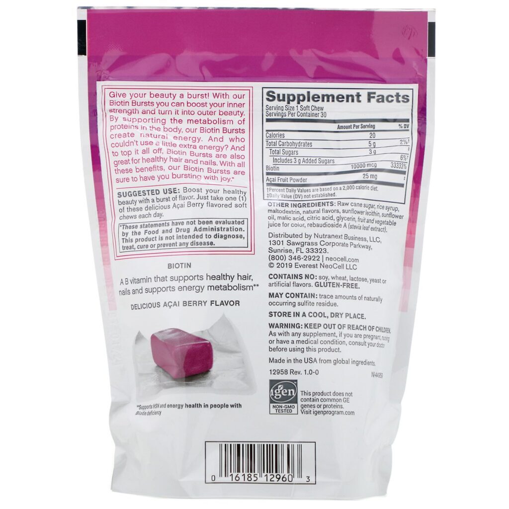 Neocell, Biotin Bursts, Acai Berry Flavor, 10,000 mcg , 30 Soft Chews - Imagem 2