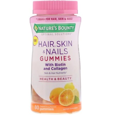 Nature's Bounty, Soluções Ideais, Cabelos, Pele e Unhas com Biotina e Colágeno, Sabor Cítrico Tropical, 80 Balas de Goma