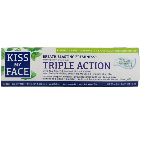 Kiss My Face, Triple Action Toothpaste with Tea Tree Oil, Iceland Moss & Xylitol, Fluoride Free, Fresh Mint Paste, 4.1 oz (116.2 g) - Image 2