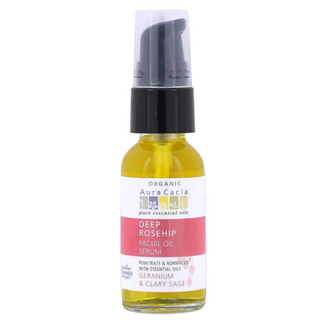 Aura Cacia, Óleo Facial Essencial Orgânico de Roseship, Gerânio & Salva Esclereia, 1 fl oz (30 ml)