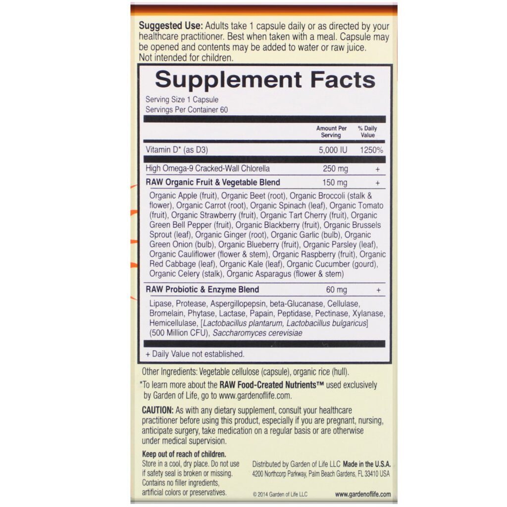 Garden of Life, Vitamin Code, RAW D3, 5,000 IU, 60 Vegetarian Capsules - Imagem 2