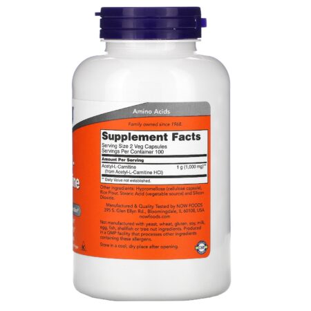 Now Foods, Acetil-L Carnitina, 500 mg, 200 Cápsulas Vegetais - Image 2