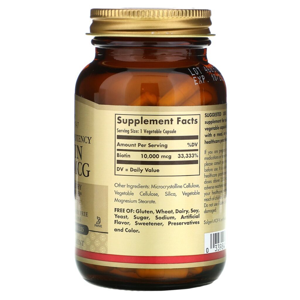 Solgar, Super Alta Potência, Biotina, 10.000 mcg, 120 Cápsulas Vegetais - Imagem 2