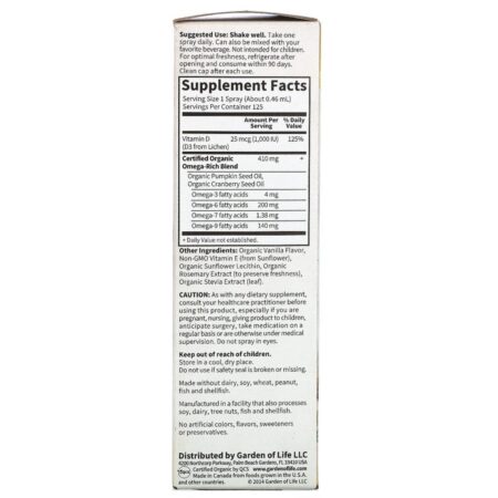 Garden of Life, MyKind Organics, Vegan D3 Organic Spray, Vanilla, 25 mcg (1,000 IU), 2 fl oz (58 ml) - Imagem 2