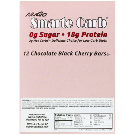 NuGo Nutrition, Smarte Carb Bar, Chocolate Black Cherry, 12 Bars, 1.76 oz (50 g) Each - Image 3