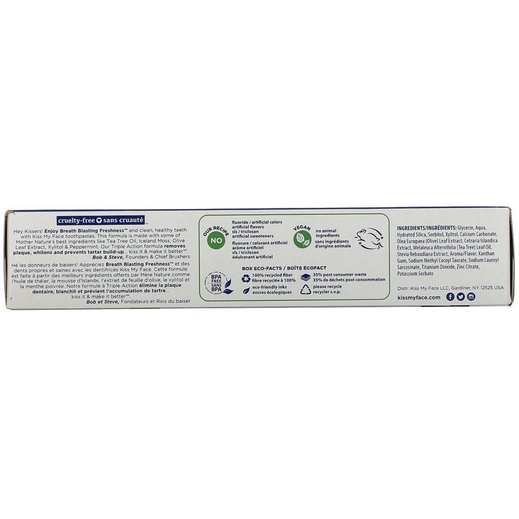 Kiss My Face, Triple Action Toothpaste with Tea Tree Oil, Iceland Moss & Xylitol, Fluoride Free, Fresh Mint Paste, 4.1 oz (116.2 g) - Imagem 3
