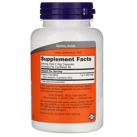 Now Foods, Acetil-L Carnitina, 500 mg, 100 Cápsulas Vegetais - Image 2