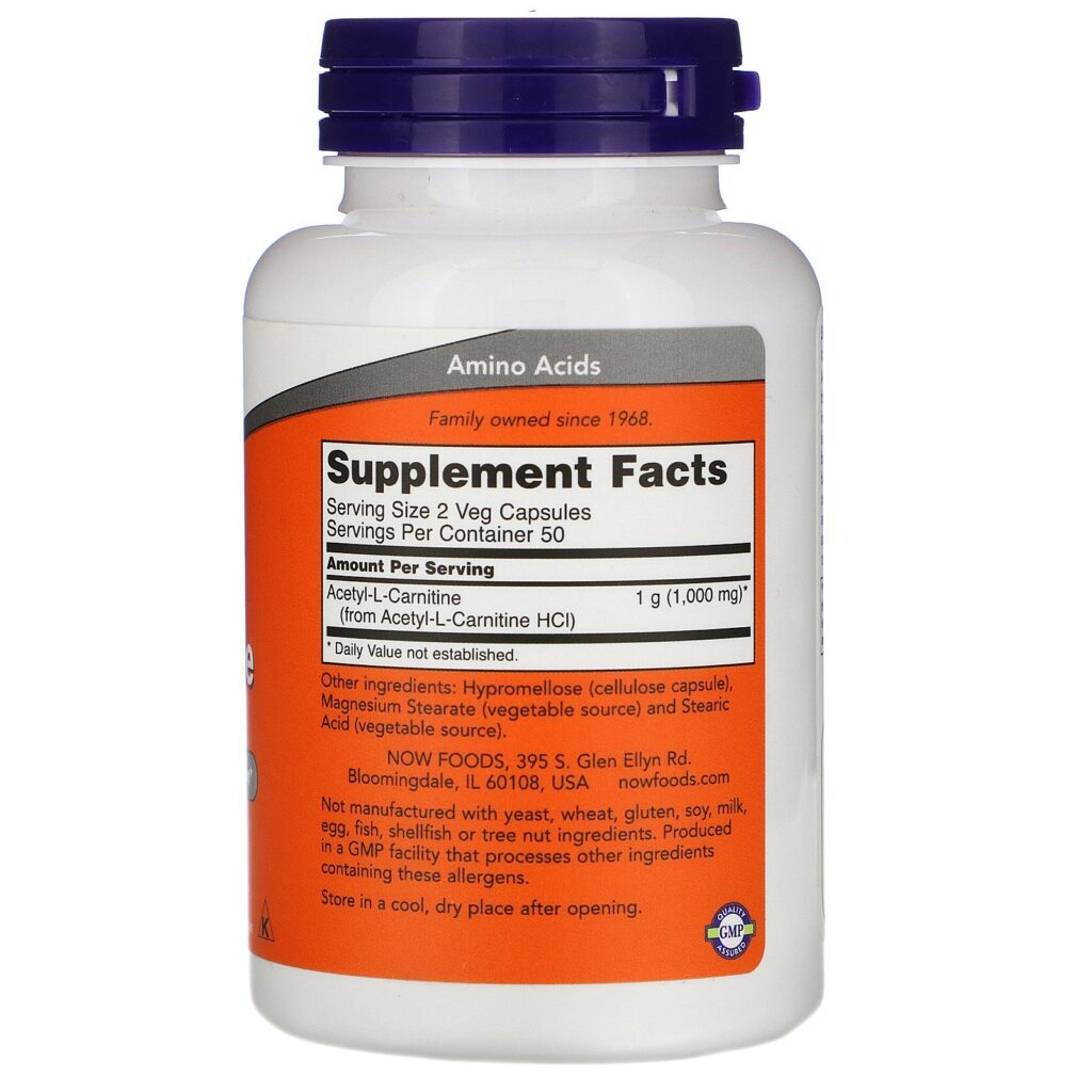 Now Foods, Acetil-L Carnitina, 500 mg, 100 Cápsulas Vegetais - Imagem 2