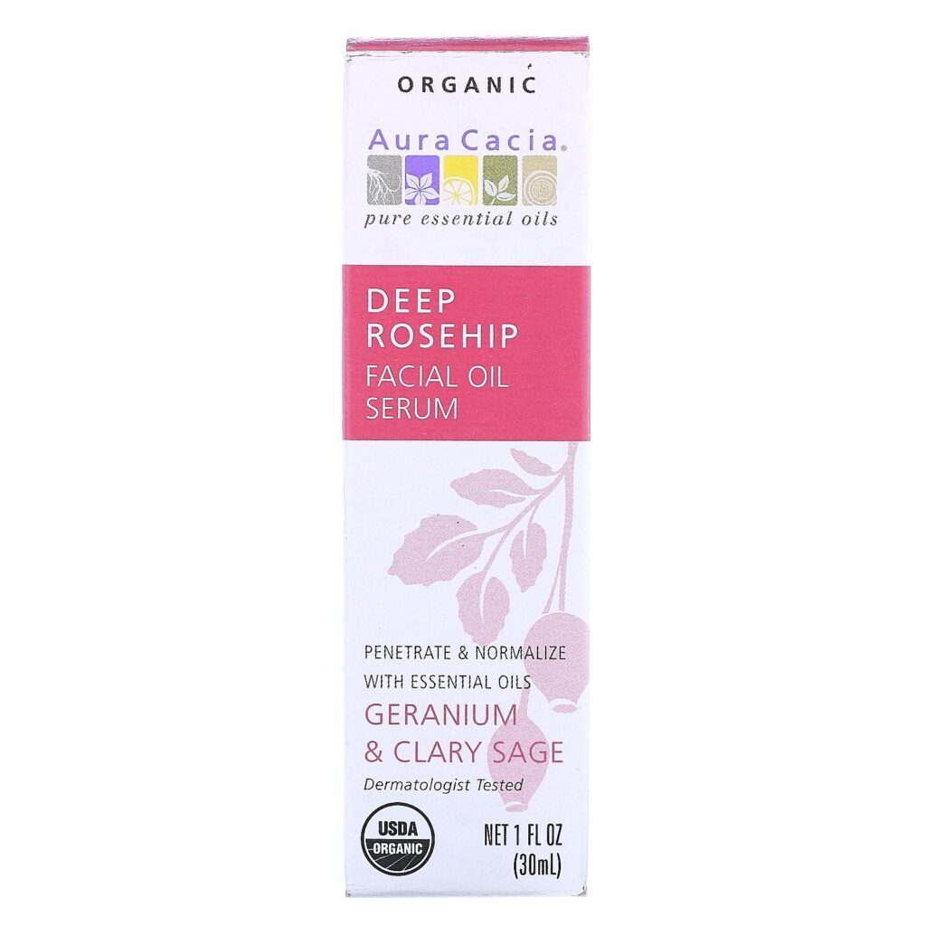 Aura Cacia, Óleo Facial Essencial Orgânico de Roseship, Gerânio & Salva Esclereia, 1 fl oz (30 ml) - Imagem 2