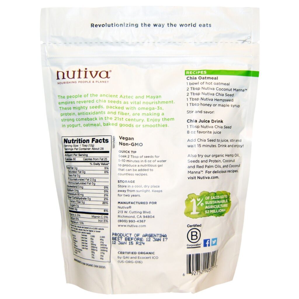 Nutiva, Semente de Chia Orgânica, Preta, 12 oz (340 g) - Imagem 2