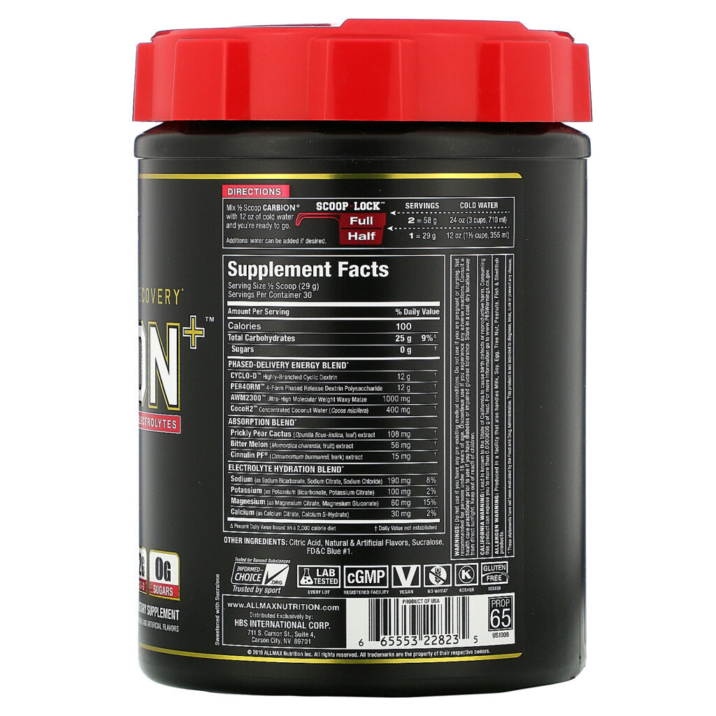ALLMAX Nutrition, CARBion+ with Electrolytes + Hydration, Gluten-Free + Vegan Certified, Blue Bomb Pop, 1.91 lbs (870 g) - Imagem 2