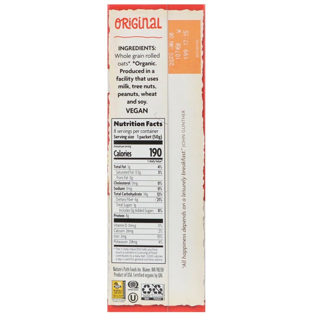 Nature's Path, Organic Instant Oatmeal, Original, 8 Packets, 14 oz (400 g) - Imagem 2