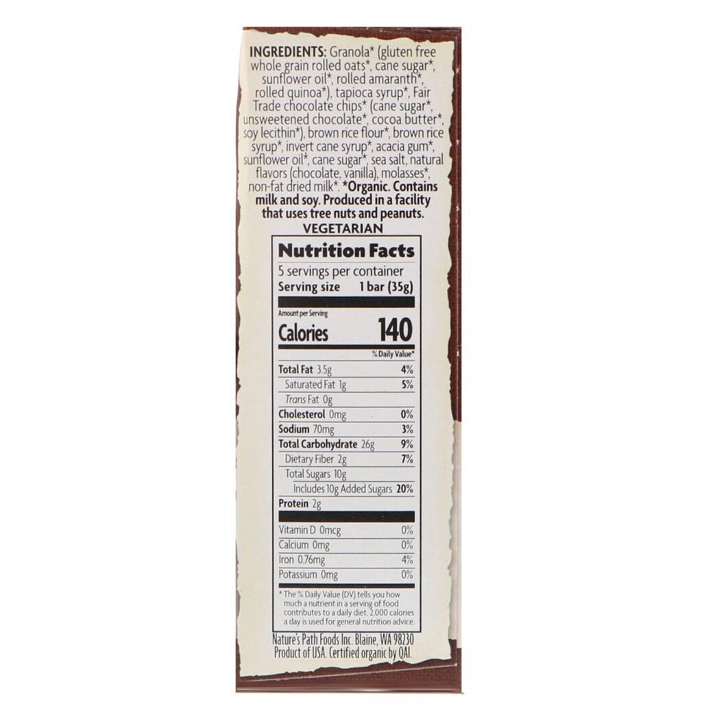 Nature's Path, Organic, Sunrise Breakfast Bars, Dark Chocolate Chip, 5 Bars, 1.2 oz (35 g) - Imagem 2