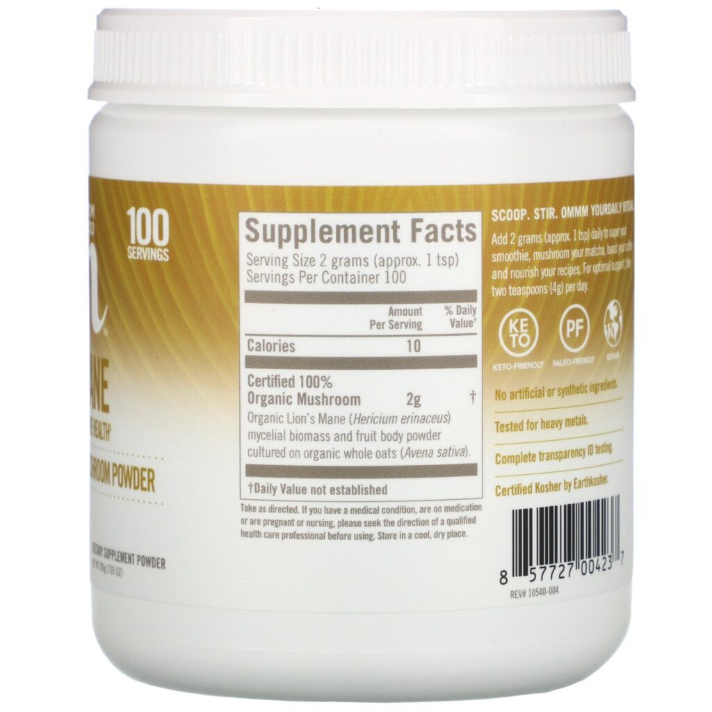 Om Mushrooms, Juba de Leão, Cogumelo Certificado Como 100% Orgânico em Pó, 200 g (7,05 oz) - Imagem 2