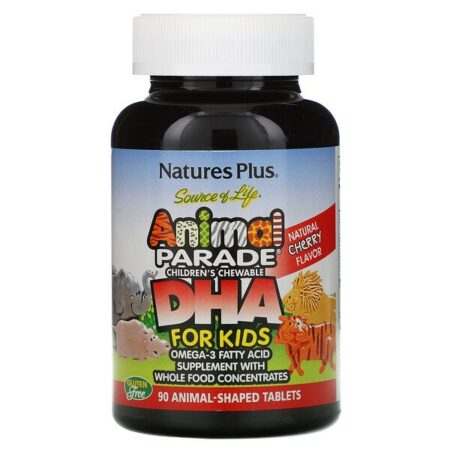 Nature's Plus, Source of Life, DHA para Crianças, Desfile de Animais, Mastigável para Crianças, Sabor Natural de Cereja, 90 Comprimidos em Forma de Animal