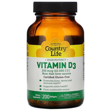 Country Life, Vitamin D3, High Potency, 250 mcg (10,000 IU), 200 Softgels