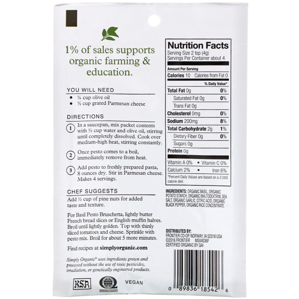 Simply Organic, Mix de Molho Pesto com Manjericão, 12 Pacotes, 0.53 oz (15 g) Cada - Imagem 3