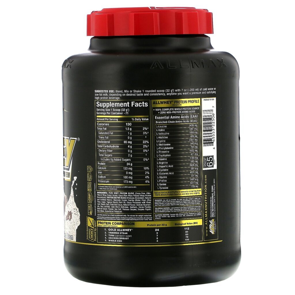 ALLMAX Nutrition, AllWhey Gold, Premium Whey Protein, Cookies & Cream, 5 lbs (2.27 kg) - Imagem 2