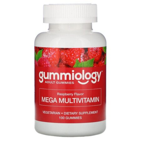 Gummiology, Gomas para Adultos, Megamultivitamínico, Sabor Natural de Framboesa, 100 Gomas Vegetarianas