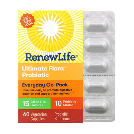 Renew Life, Everyday, Ultimate Flora Probiotic Go Packs, 15 Bilhões de Culturas Vivas, 60 Cápsulas Vegetais