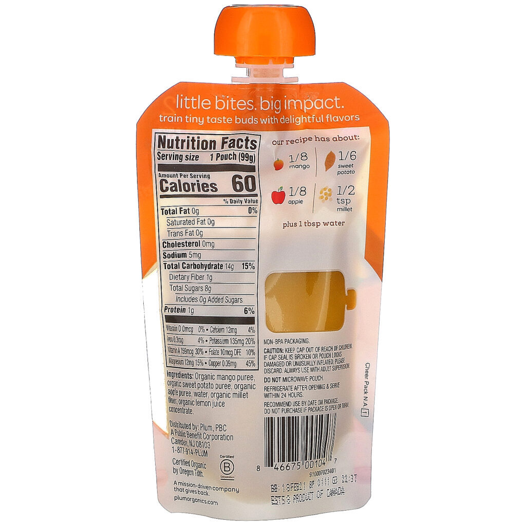 Plum Organics, Organic Baby Food, 6 Months & Up, Mango, Sweet Potato Apple & Millet, 6 Pouches,3.5 oz (99 g) Each - Imagem 3
