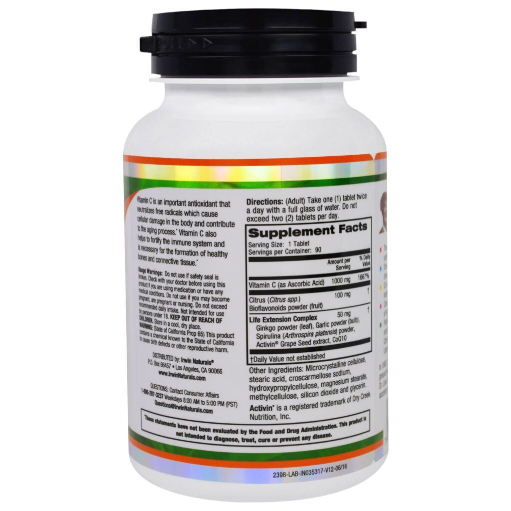Irwin Naturals, Dr. Vitamina C Linus Pauling, 1.000 mg, 90 Tabletes - Imagem 2