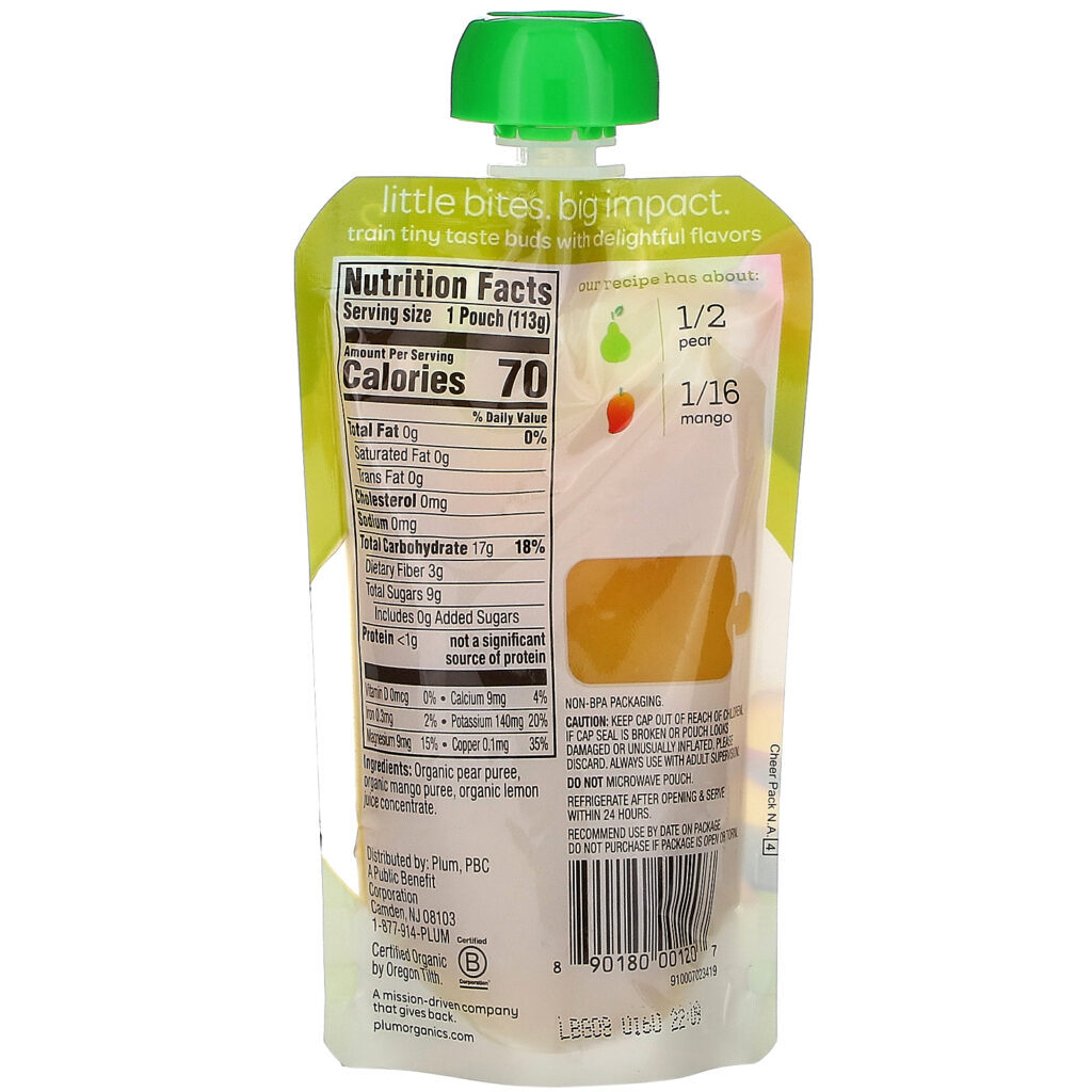 Plum Organics, Organic Baby Food, Stage 2, Pear & Mango,, 6 Poches, 4 oz (113 g) Each - Imagem 3