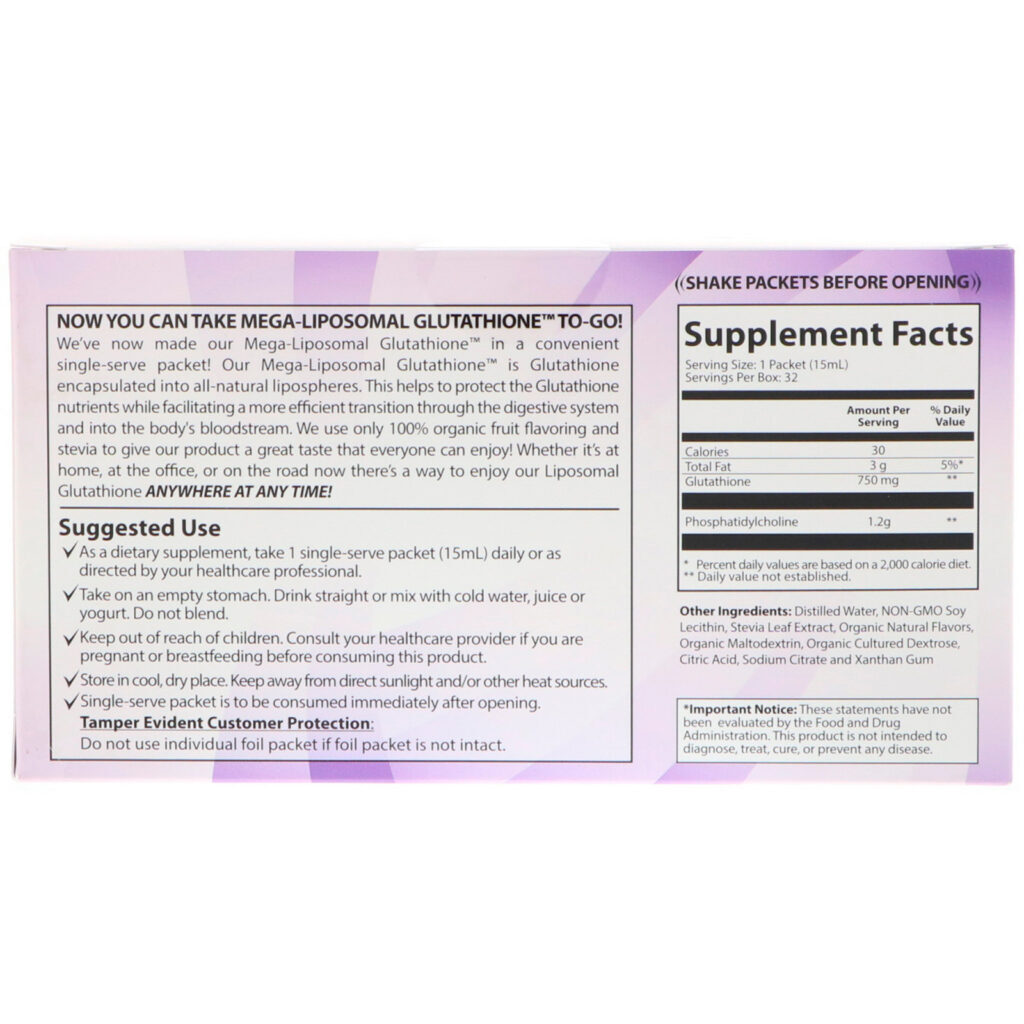 Aurora Nutrascience, Glutationa Megalipossomal, 750 mg, 32 Sachês de Dose Única, 0,5 fl oz (15 ml) Cada - Imagem 2