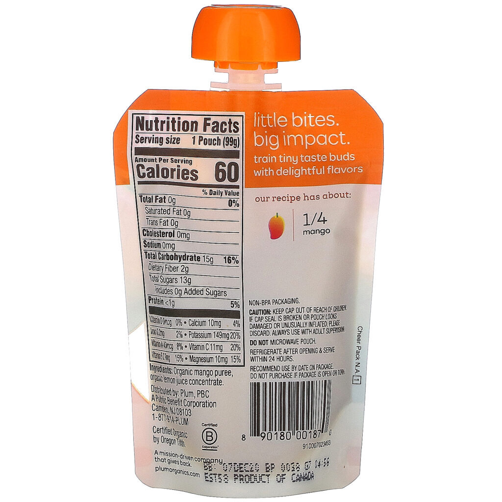 Plum Organics, Organic Baby Food, 4 Months & Up, Just Mangos, 6 Pouches, 3.5 oz (99 g) Each - Imagem 3