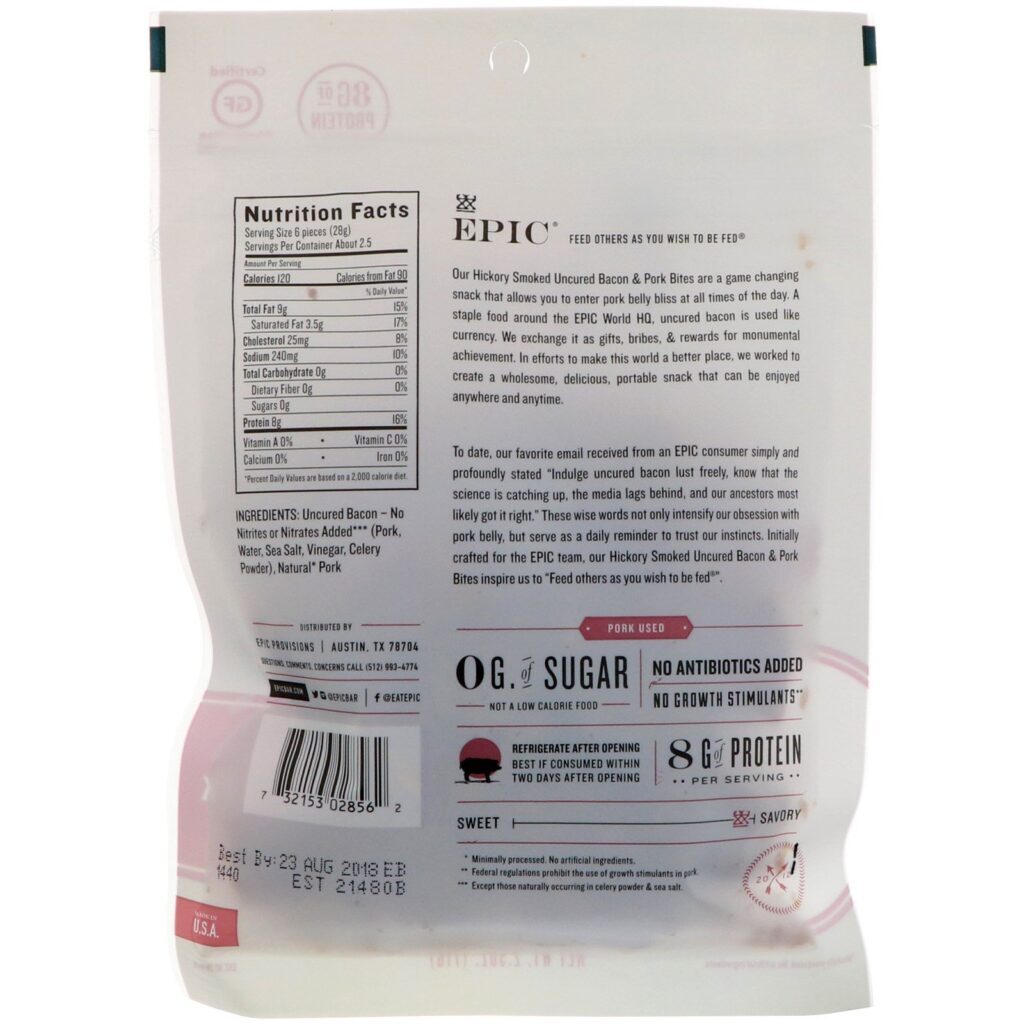 Epic Bar, Petiscos, Bacon e carne de porco não curados, defumado em nogueira, 2.5 oz (71 g) - Imagem 2