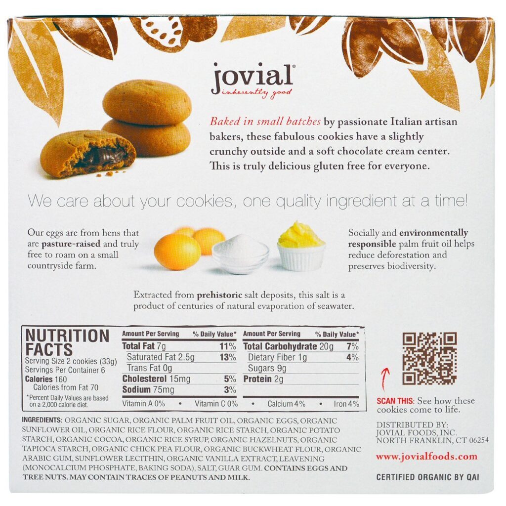 Jovial, Cookies de Chocolate Orgânico, Recheio de Creme de Chocolate, Sem Glúten, 6 - 1,2 oz (33 g) Pacotes - Imagem 2