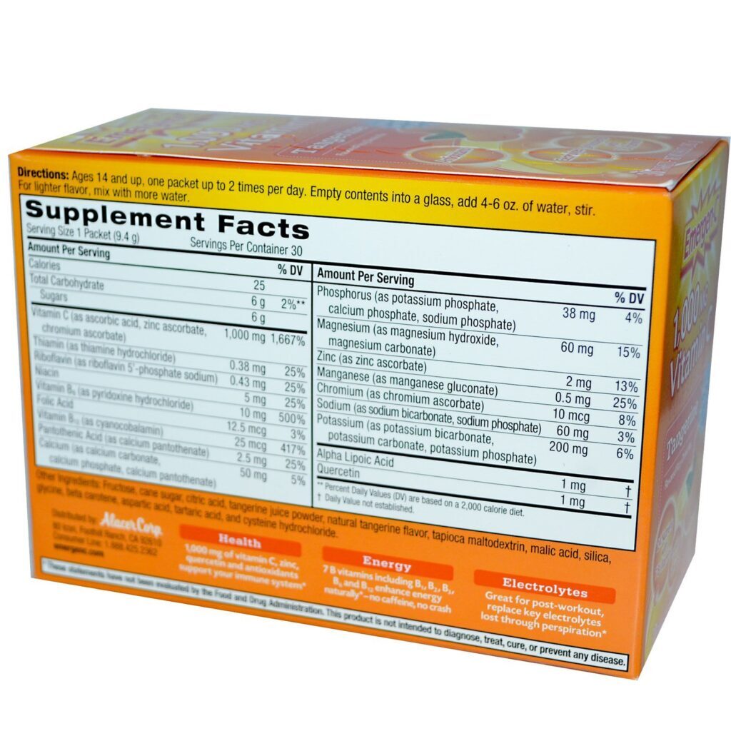 Emergen-C, Vitamina C, Mistura de Bebidas Efervescentes com Sabor, Tangerina, 1.000 mg, 30 Pacotes, 9,4 g Cada - Imagem 2