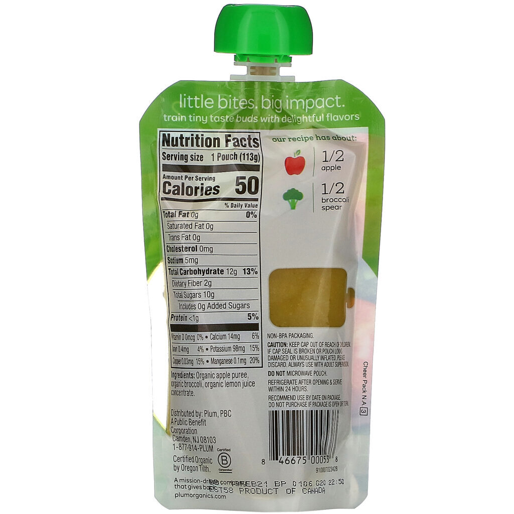 Plum Organics, Organic Baby Food, 6 Months & Up, Apple & Broccoli, 6 Pouches, 4 oz (113 g) Each - Imagem 3