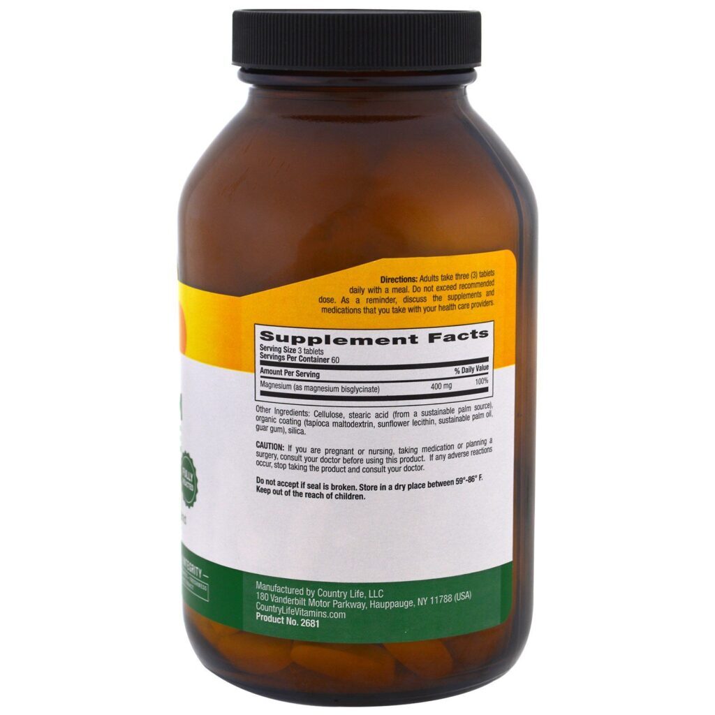 Country Life, Glicinato de magnésio quelado, 400 mg, 180 comprimidos - Imagem 2