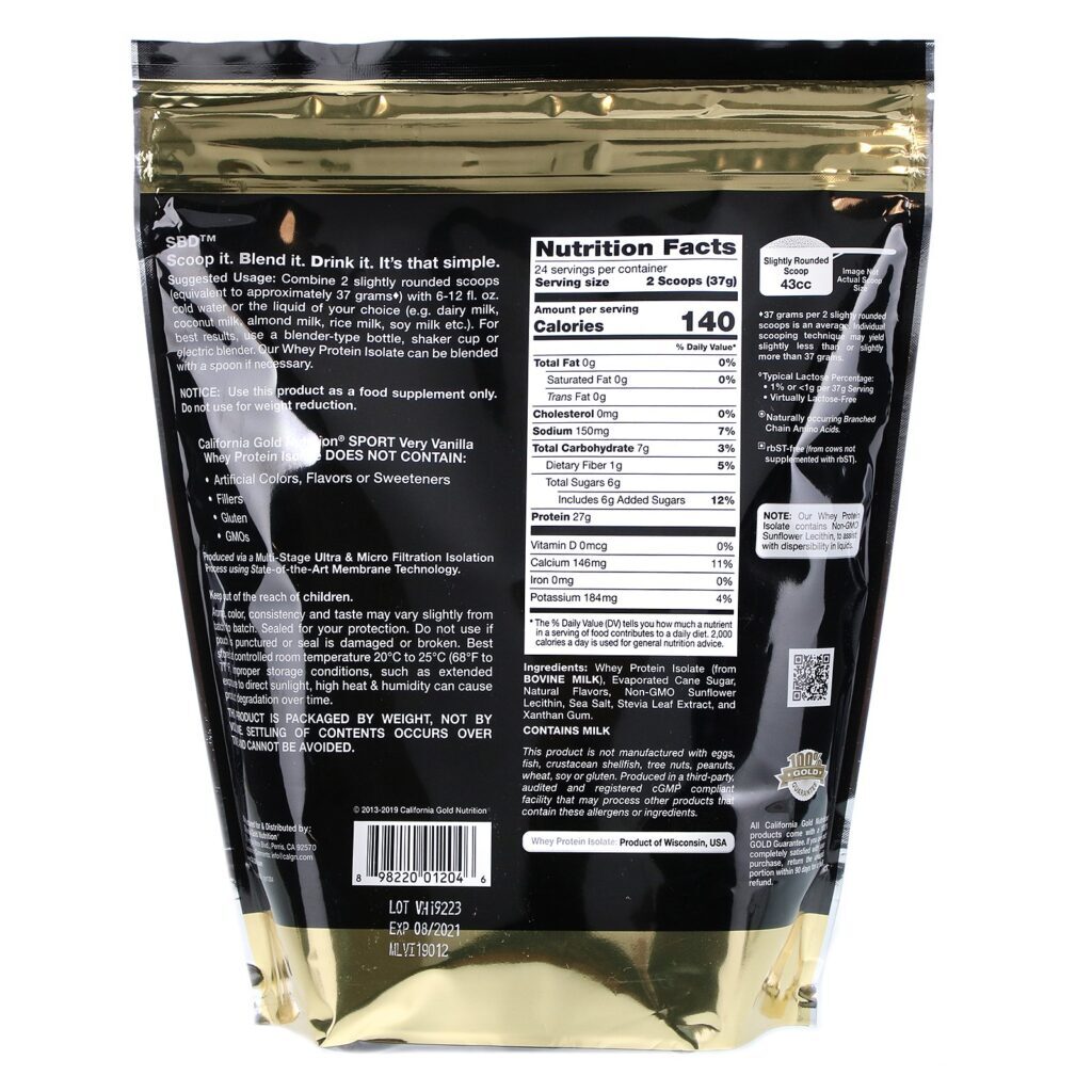 California Gold Nutrition, Isolado de Proteína Whey com Sabor Concentrado Baunilha, 908 g (2 lbs) - Imagem 2