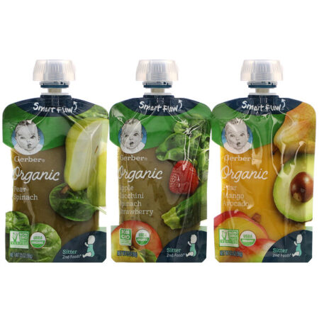 Gerber, Organic Variety Pack, Pear Spinach, Pear Mango Avocado, Apple Zucchini Spinach Strawberry, 9 Pouches, 3.5 oz (99 g) Each