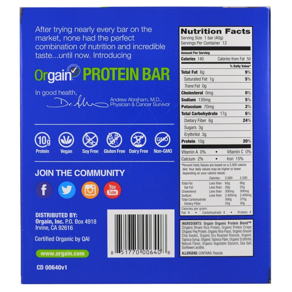 Orgain, Barra de proteína vegetal orgânica, Manteiga de Amendoim, 12 Barras, 1,41 oz (40 g) cada - Imagem 3