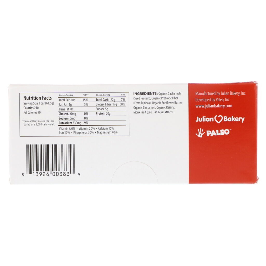 Julian Bakery, PEGAN Protein Bar, Seed Protein, Cinnamon Raisin Roll, 12 Bars, 2.16 oz (61.5 g) Each - Imagem 3