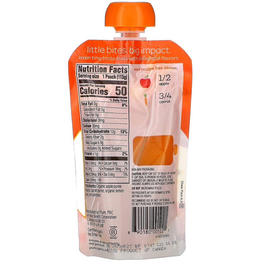 Plum Organics, Organic Baby Food, 6 Months & Up, Apple & Carrot, 6 Pouches, 4 oz (113 g) Each - Imagem 3